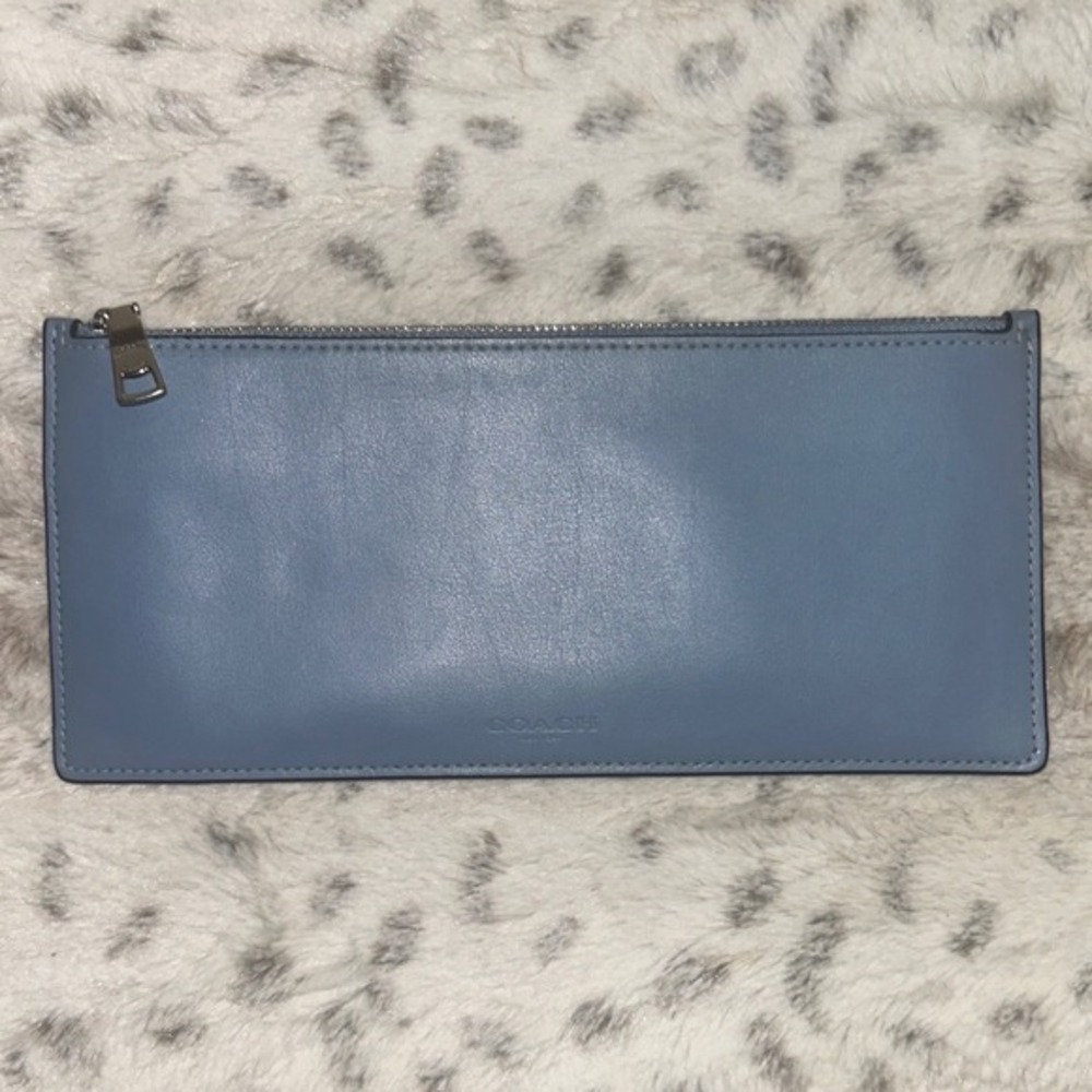 Coach Slim Leather Zipper Pouch Cornflower Blue Silver Tone Hardware Clutch
